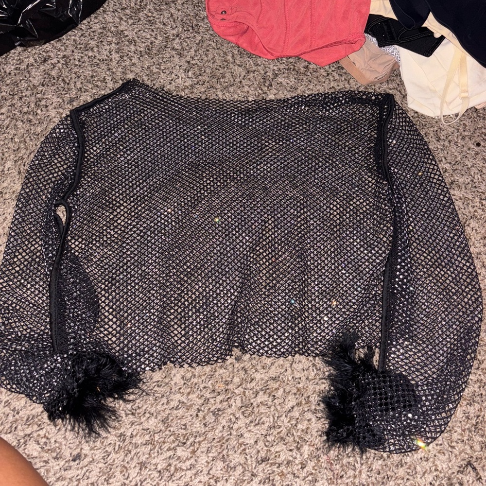 Black Mesh Women's Top with Fur Cuffs